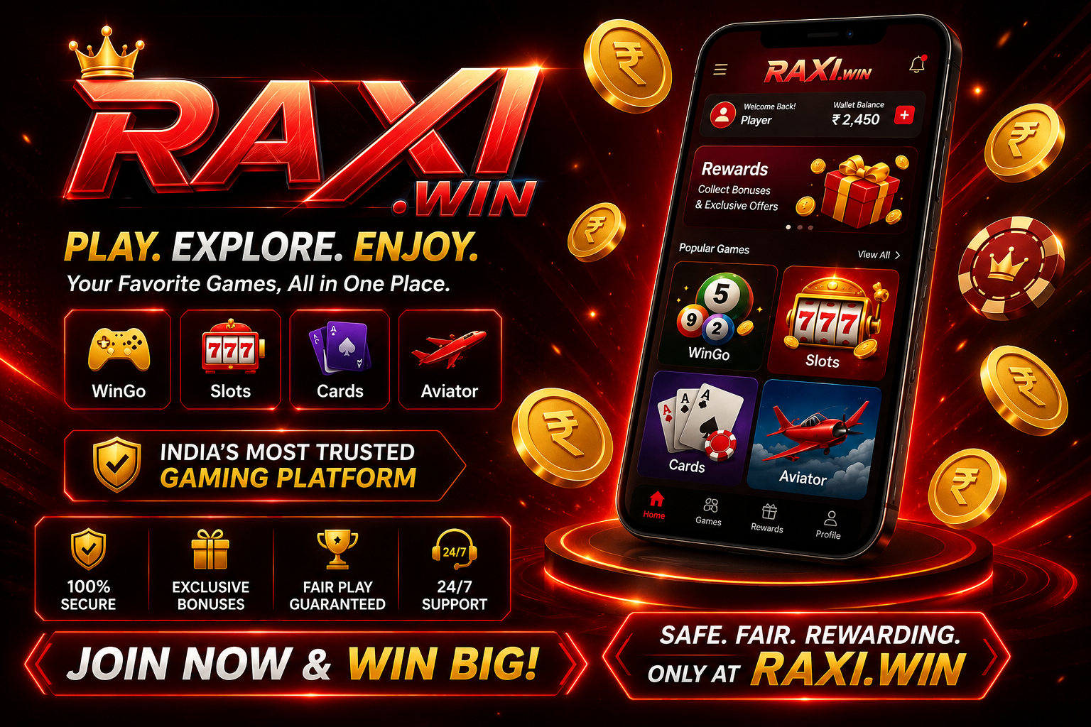 Raxi Win platform overview showing game categories and dashboard